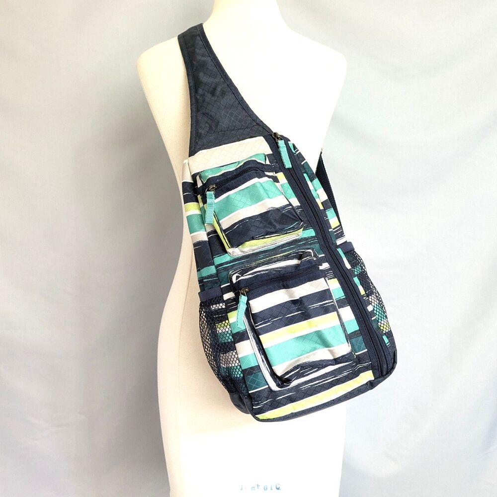 Thirty-One Sling Backpack Crossbody Bag Green Navy Blue Striped Pockets